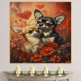 Chihuahua Couple with Flowers and Hearts Romantic Dog Artwork for Pet Lovers and Cozy Home Decor on Ready to Hang 1.5" Thick Canvas Wrap, Floating Framed Canvas, Flat Rolled Canvas